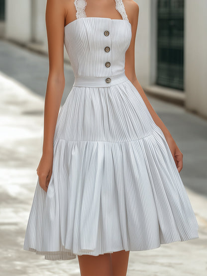Striped Lace Strap Pleated Midi Dress Wedding Guest Dresses