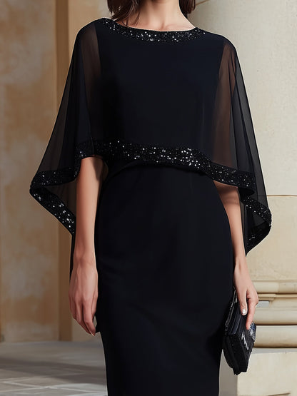 Mbellished Cape-Sleeve Sheath Dress