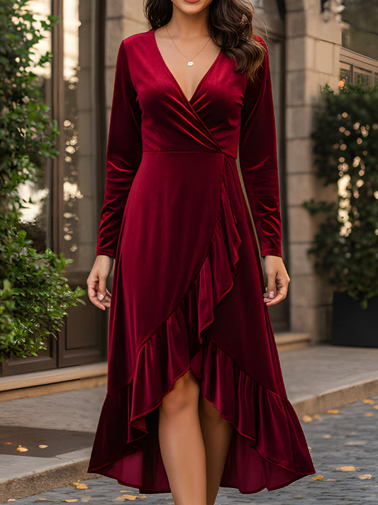Velvet Wrap Midi Dress With Ruffled Hem