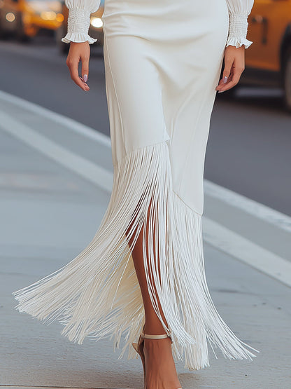White High-Neck Fringe Maxi Dress
