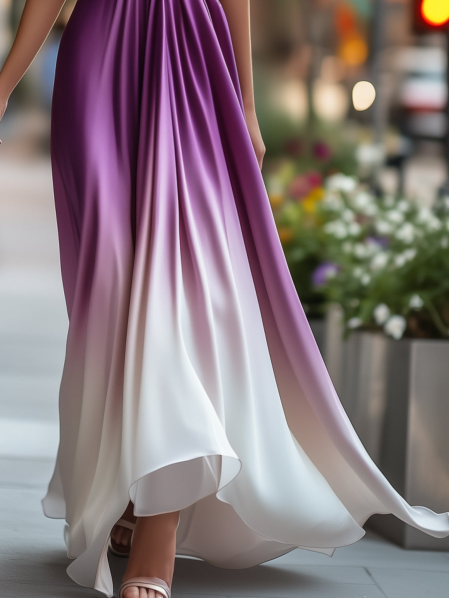 Ombre Purple To White Satin Spaghetti Strap Maxi Dress