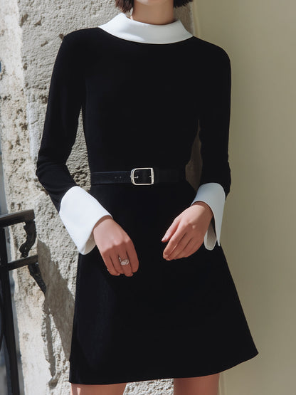 Monochrome Contrast-Cuff A-Line Dress
