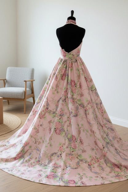 Cute A Line V Neck Flower Print Satin Prom Dress with Beading