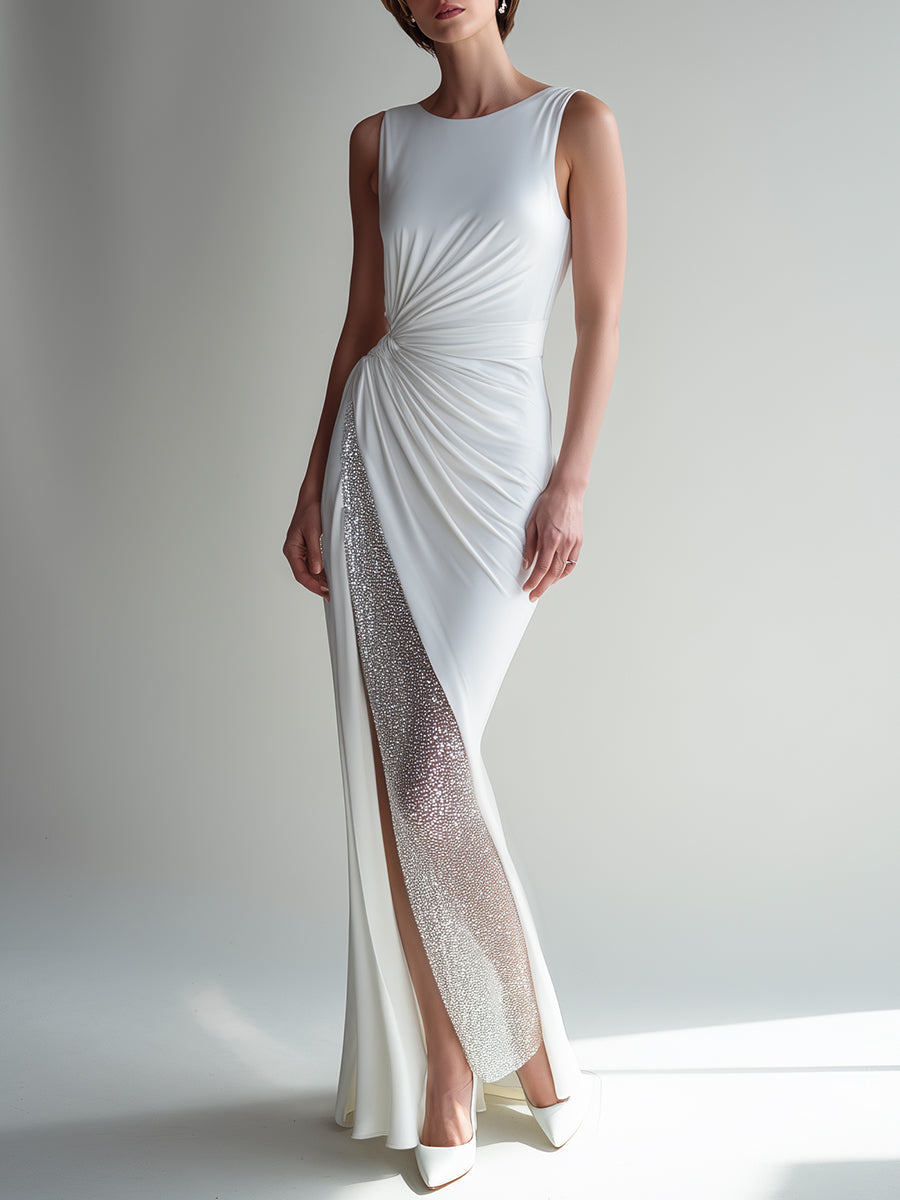 White Crystal-Embellished Ruched Side-Slit Gown