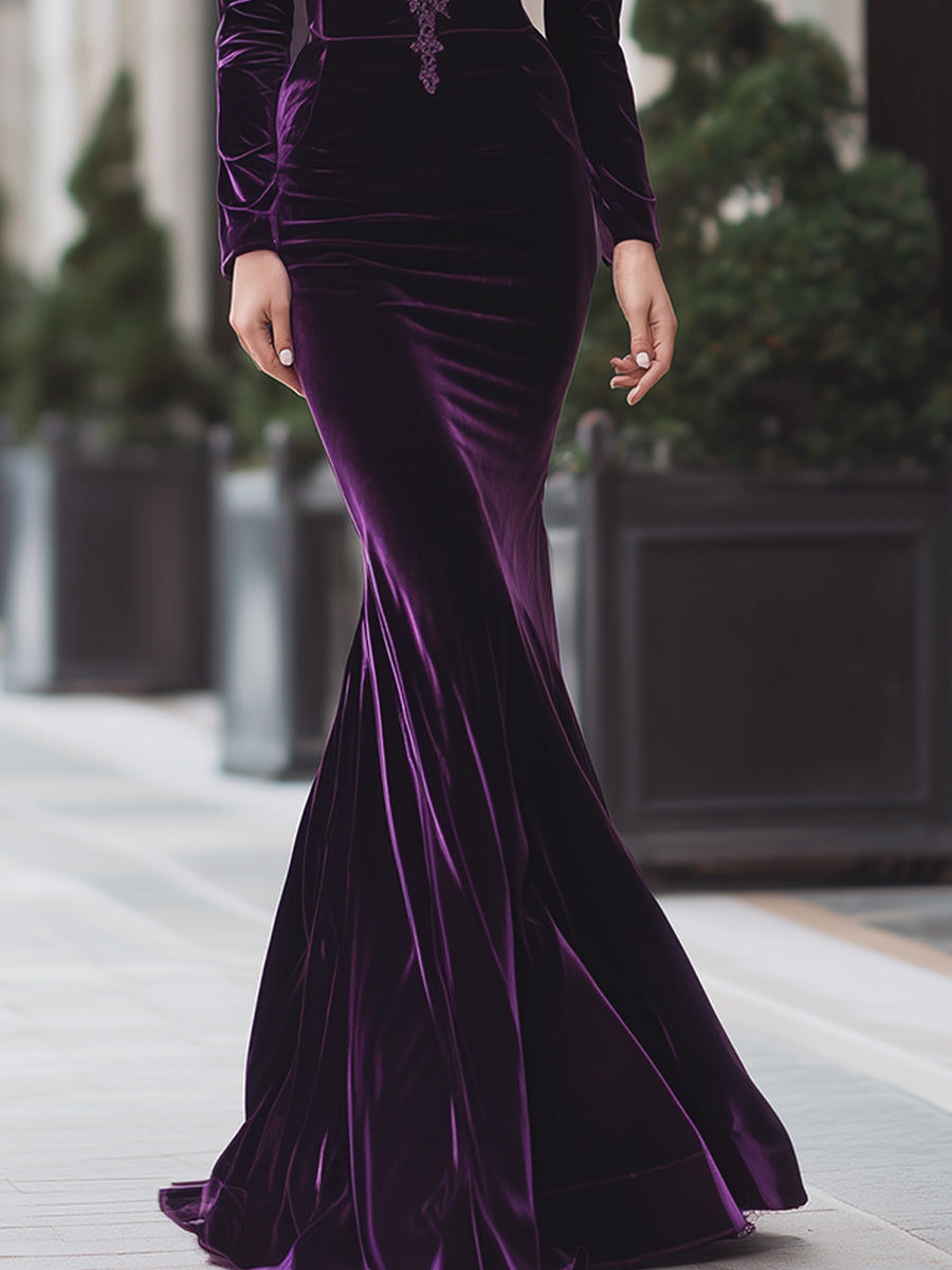 Deep Plum Velvet Plunge Neck Mermaid Gown