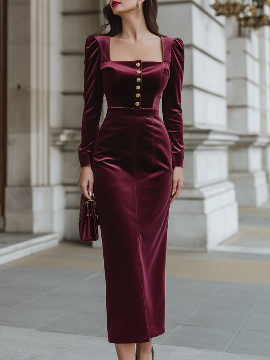 Square Neckline Velvet Long Sleeve Midi Dress