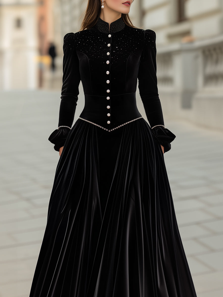 Velvet A-Line Gown With Button Detailing