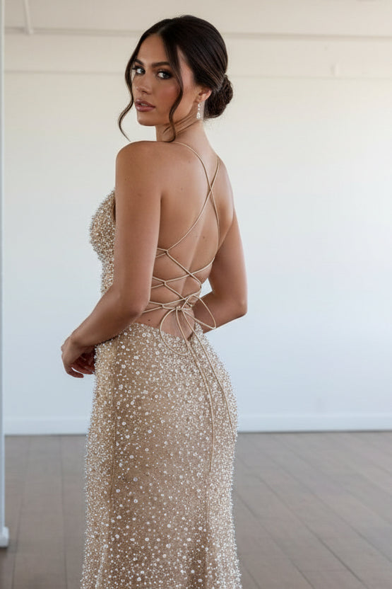 Gorgeous Mermaid V Neck Gold Pearls Prom Dress