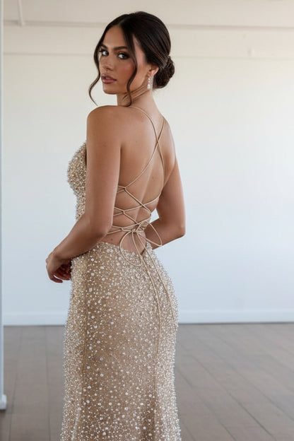Gorgeous Mermaid V Neck Gold Pearls Prom Dress