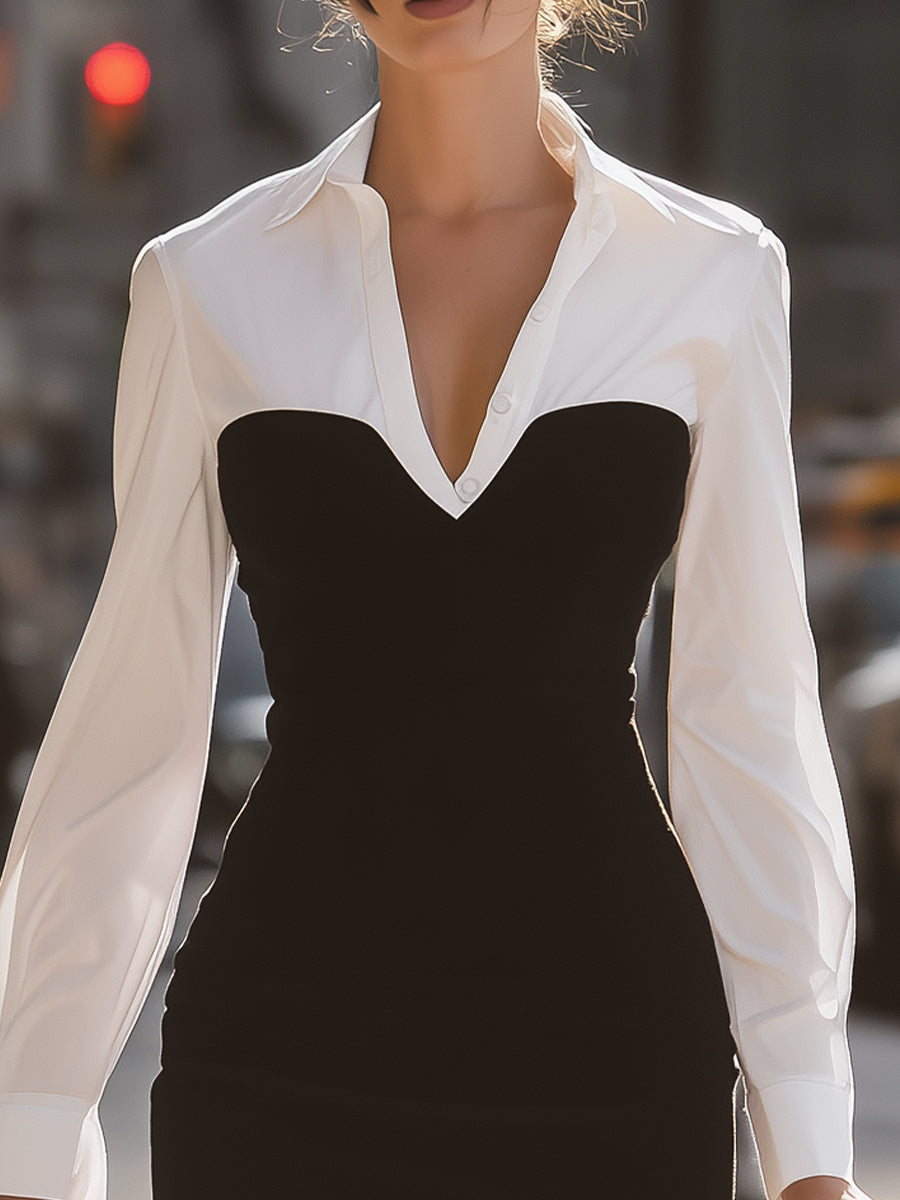 Chic Two-Tone Fitted Mini Dress With Shirt Collar Detail