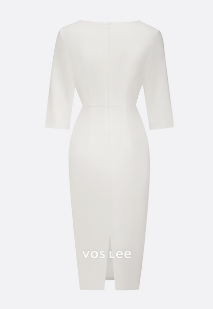 Elegant & Luxurious Scoop Half Sleeve Pearls Sheath Tea-Length Wedding Guest Dresses