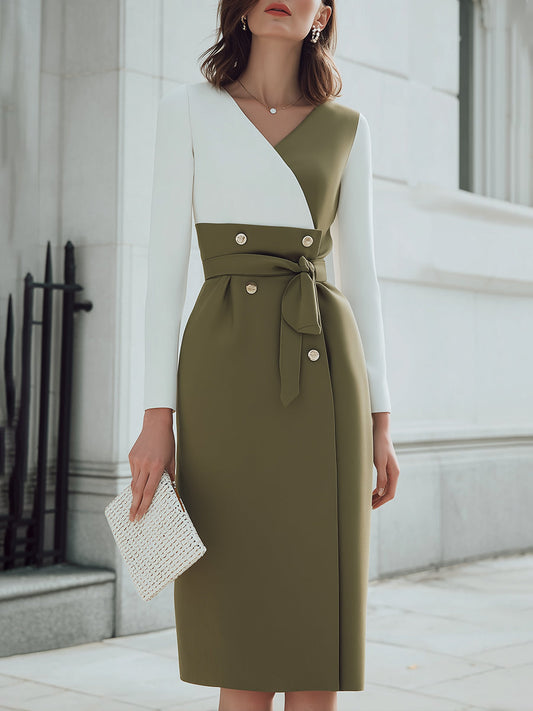 Olive Green And White Color-Block Belted Midi Dress