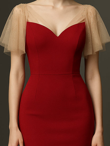 Red Midi Dress With Mesh Tulle Sleeves