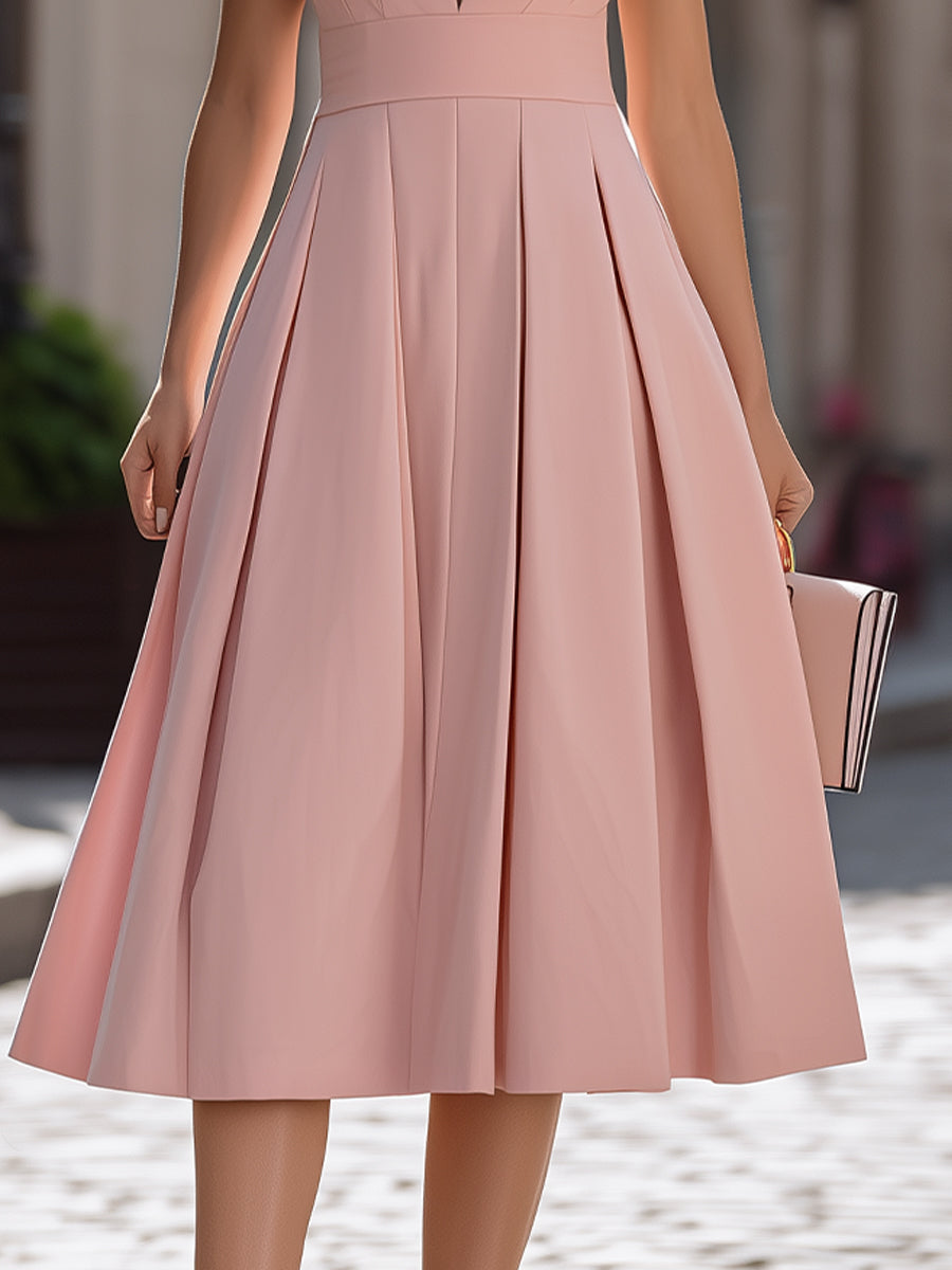 Blush Pink Sleeveless Deep V-Neck Pleated Fit-and-Flare Midi Dress