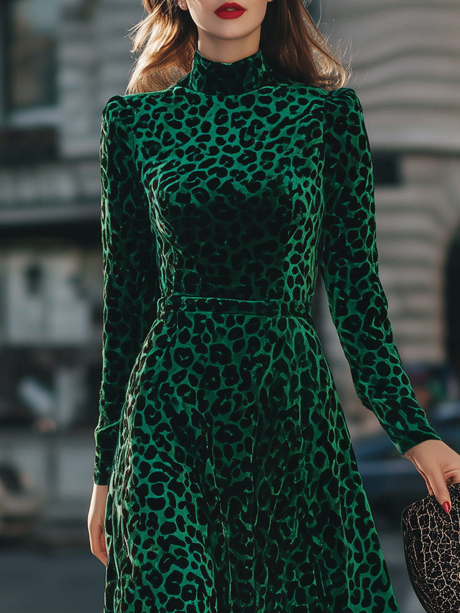 Emerald Green Velvet Midi Dress With Leopard Print & High Neck