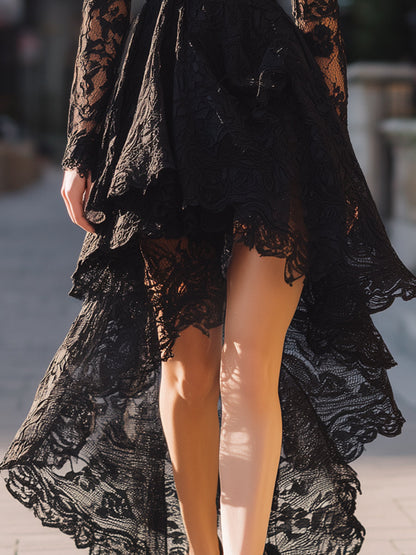 Black High-Neck Lace Asymmetrical Gown