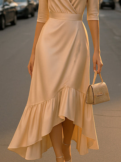 Elegant Satin V-Neck Ruffle Midi Dress