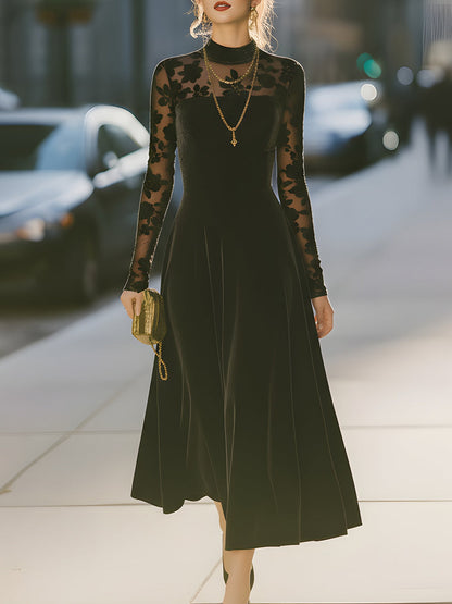 Black Velvet Floral Embroidered Midi Dress