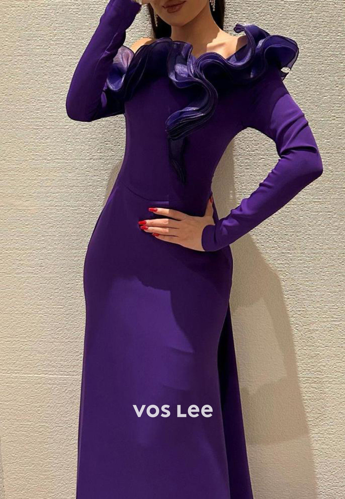 Long Sleeve One Shoulder Ruched Mermaid Evening Dresses with Sweep Train