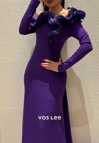 Long Sleeve One Shoulder Ruched Mermaid Evening Dresses with Sweep Train