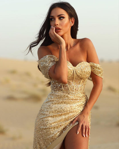 Sequins Off the Shoulder Champagne Evening Dress Gown With Split