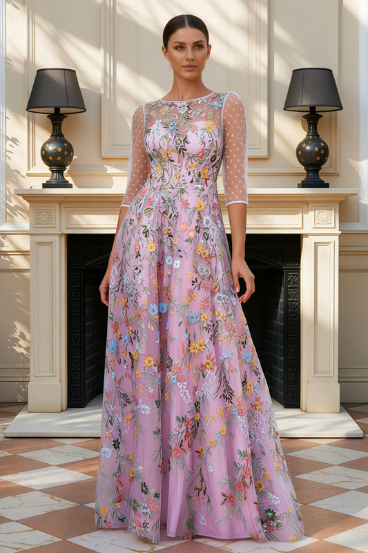 Floral Dusty Rose Applique Illusion Neck A Line Mother of the Bride Dress with Long Sleeves