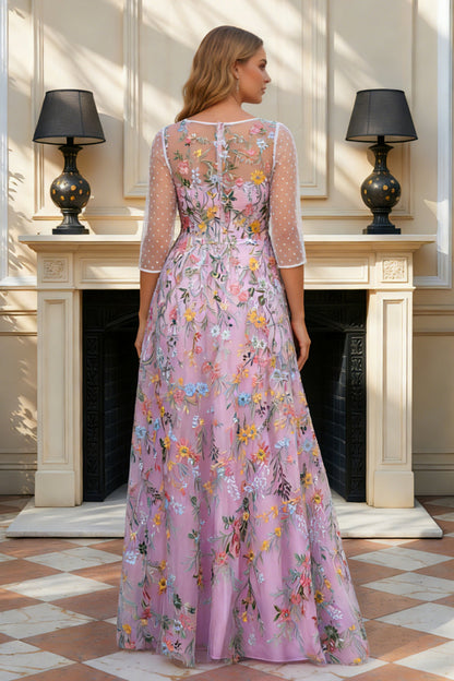 Floral Dusty Rose Applique Illusion Neck A Line Mother of the Bride Dress with Long Sleeves