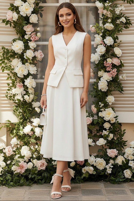 A Line 2 Piece Slim Fit Ivory Midi Work Dress