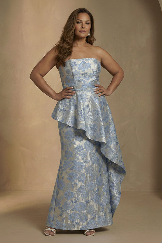 Strapless Light Blue Jacquard Sheath Long Plus Size Mother Of The Bride Dress with Ruffles