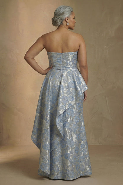 Strapless Light Blue Jacquard Sheath Long Plus Size Mother Of The Bride Dress with Ruffles