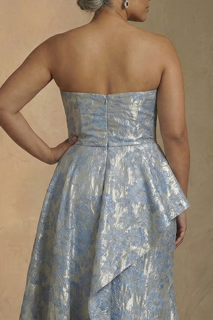 Strapless Light Blue Jacquard Sheath Long Plus Size Mother Of The Bride Dress with Ruffles