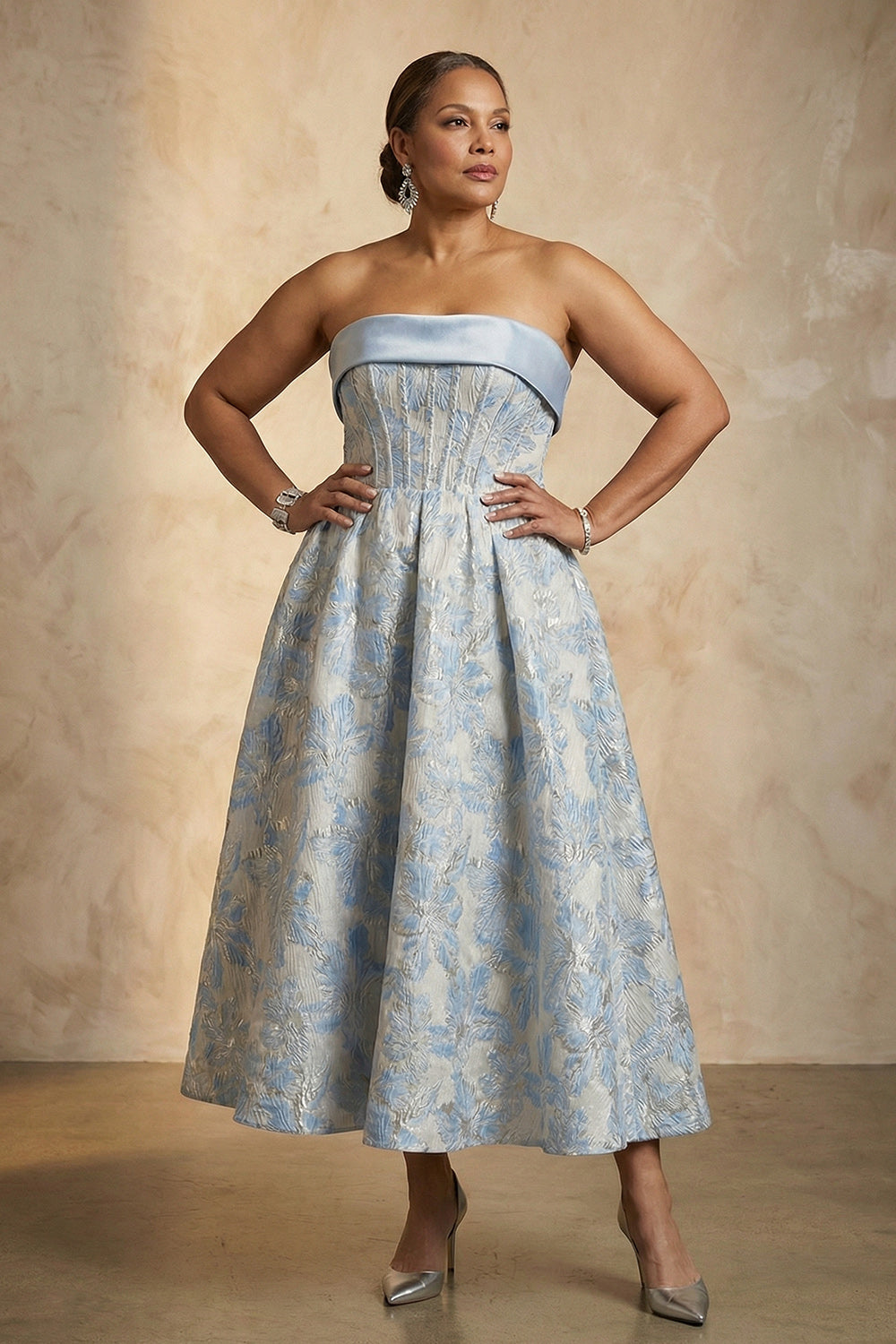 Light Blue A Line Floral Strapless Corset Plus Size Mother Of The Bride Dress