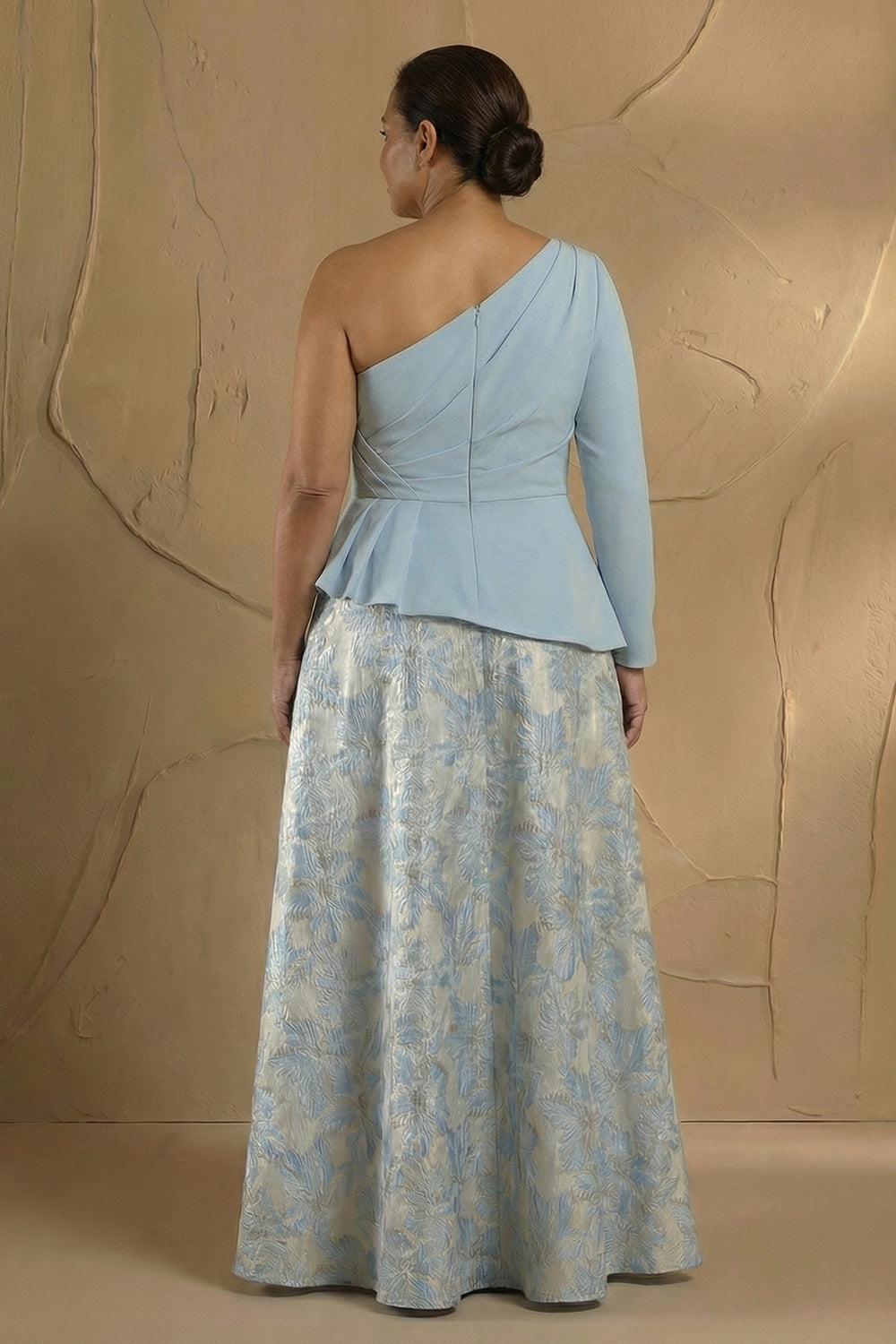 Light Blue One Shoulder Ruched A Line Jacquard Long Plus Size Mother Of The Bride Dress