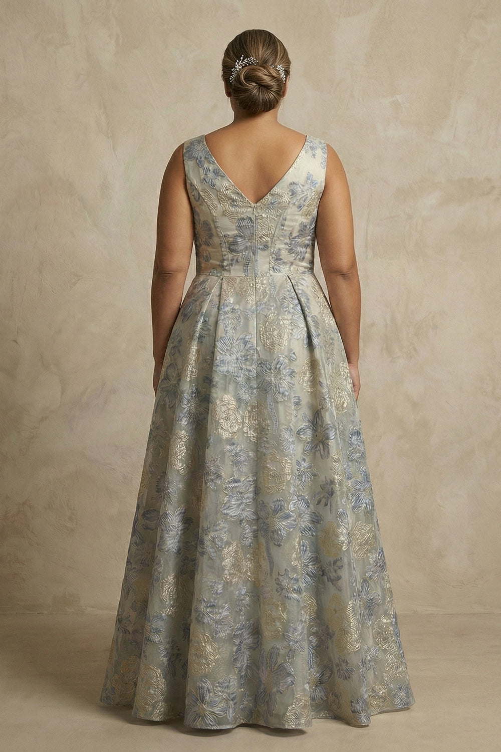 Dusty Blue A Line Jacquard V Neck Long Plus Size Mother Of The Bride Dress