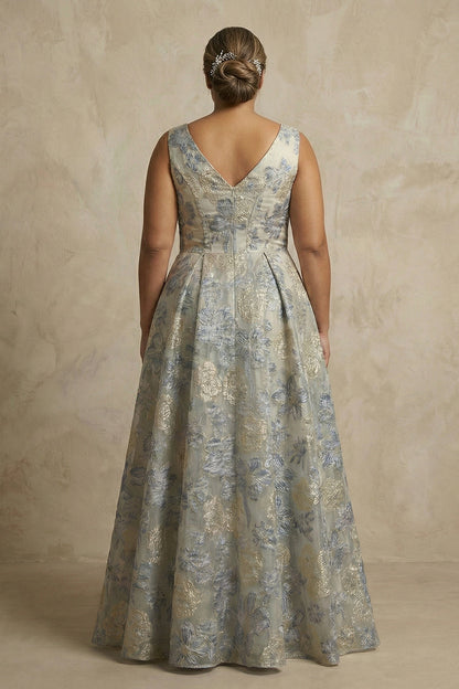 Dusty Blue A Line Jacquard V Neck Long Plus Size Mother Of The Bride Dress