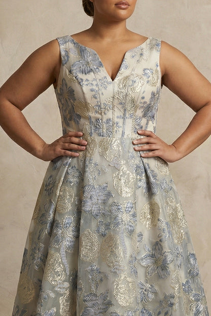 Dusty Blue A Line Jacquard V Neck Long Plus Size Mother Of The Bride Dress
