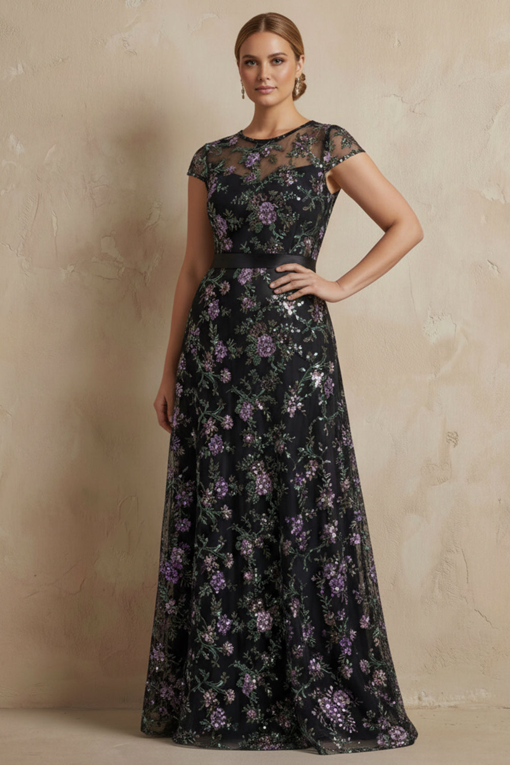 Black A-Line Embroidered Cap Sleeves Plus Size Long Mother of the Bride Dress