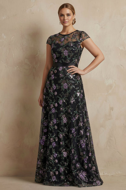 Black A-Line Embroidered Cap Sleeves Plus Size Long Mother of the Bride Dress