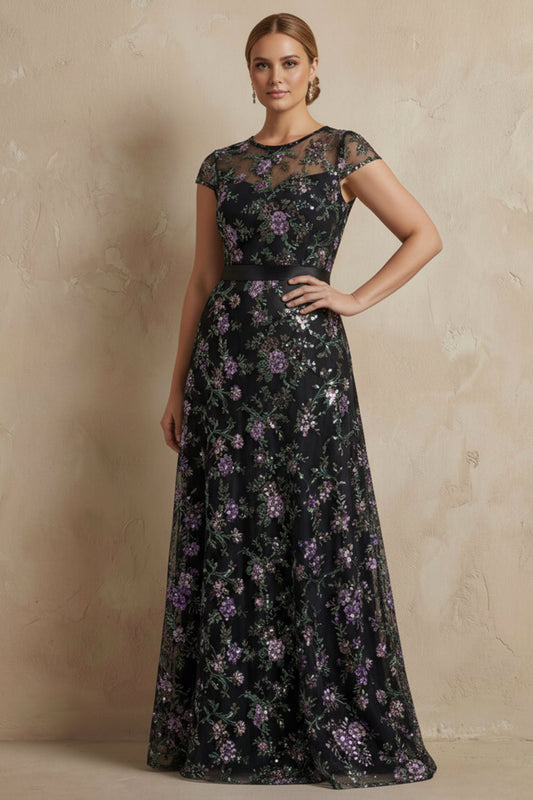 Black A-Line Embroidered Cap Sleeves Plus Size Long Mother of the Bride Dress
