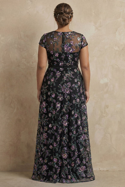 Black A-Line Embroidered Cap Sleeves Plus Size Long Mother of the Bride Dress