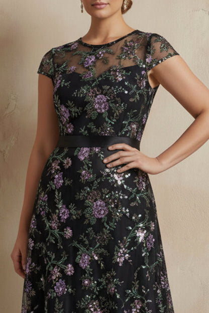 Black A-Line Embroidered Cap Sleeves Plus Size Long Mother of the Bride Dress