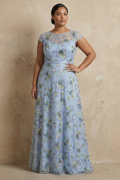 Black A-Line Embroidered Cap Sleeves Plus Size Long Mother of the Bride Dress