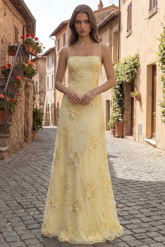 Yellow Spaghetti Straps Floral Long A Line Appliqued Prom Dress