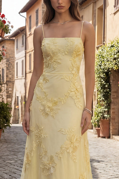 Yellow Spaghetti Straps Floral Long A Line Appliqued Prom Dress