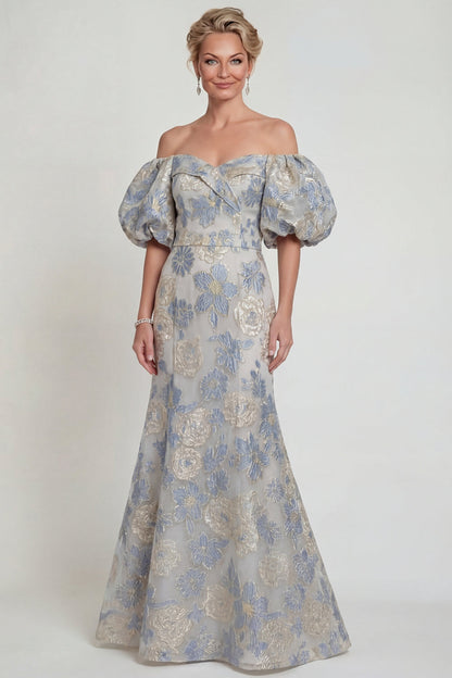 Floral Dusty Blue Mermaid Off The Shoulder Mother Of Bride Dress