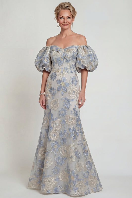 Floral Dusty Blue Mermaid Off The Shoulder Mother Of Bride Dress