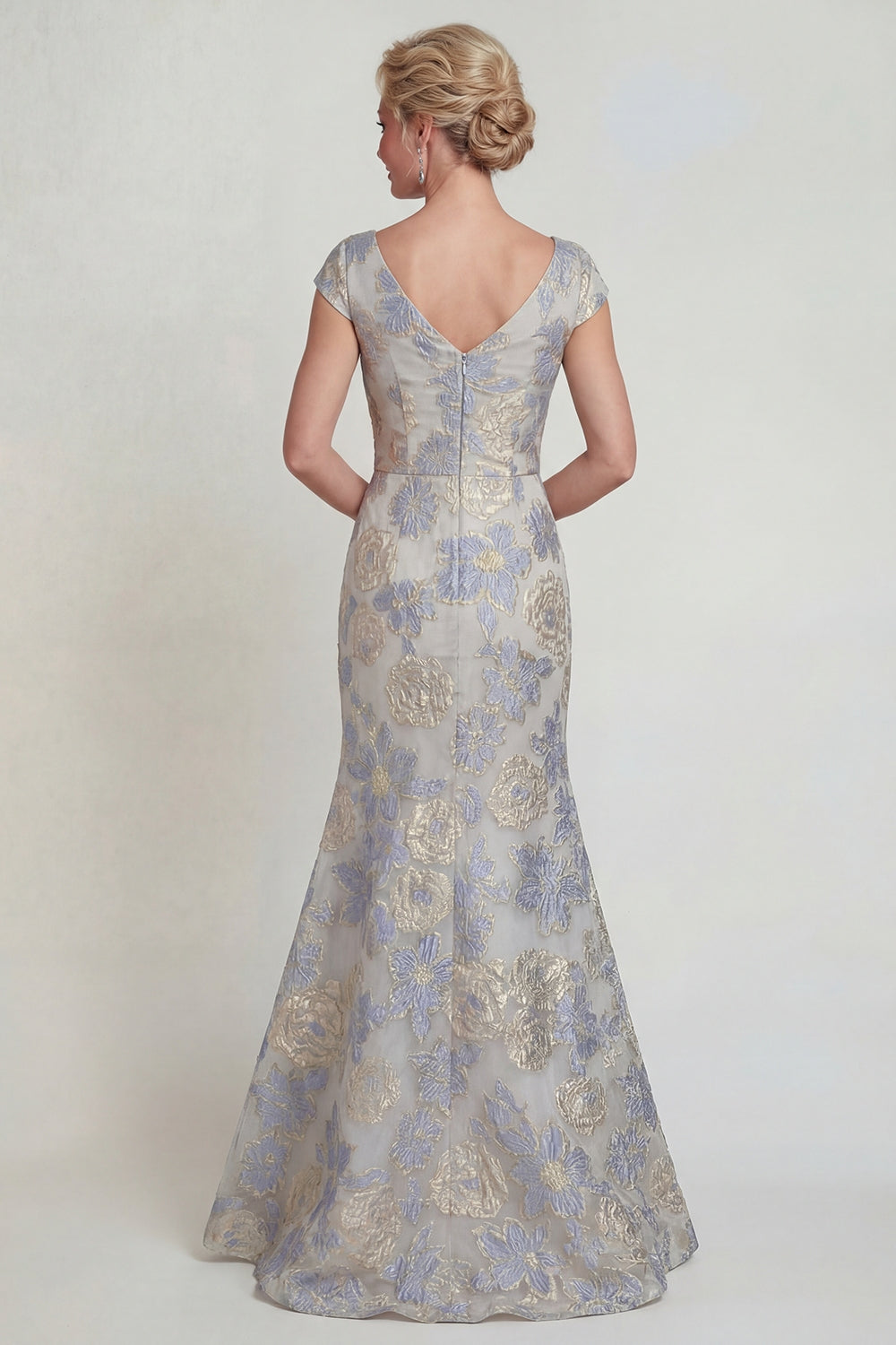 Dusty Blue Mermaid V Neck Floral Mother Of Bride Dress