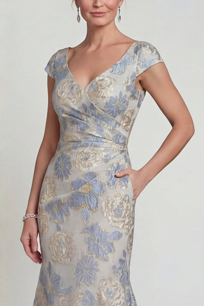 Dusty Blue Mermaid V Neck Floral Mother Of Bride Dress