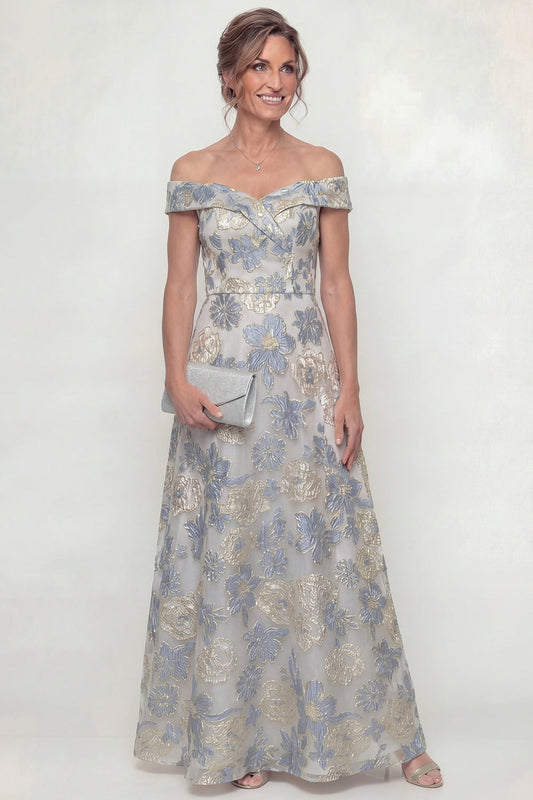 Dusty Blue A Line Floral Off The Shoulder Mother Of Bride Dress