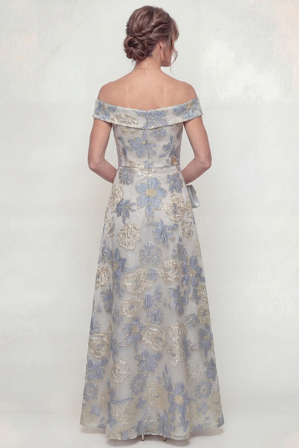 Dusty Blue A Line Floral Off The Shoulder Mother Of Bride Dress